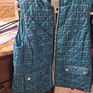 St Johns Bay Quilted Green Plaid Vest with Gold Snap Pockets Size Xl